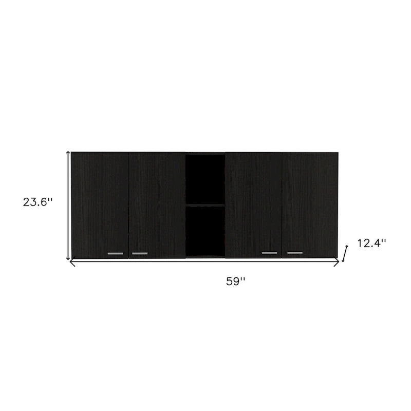 59" Black Wood Wall Mounted Accent Cabinet with Five Shelves