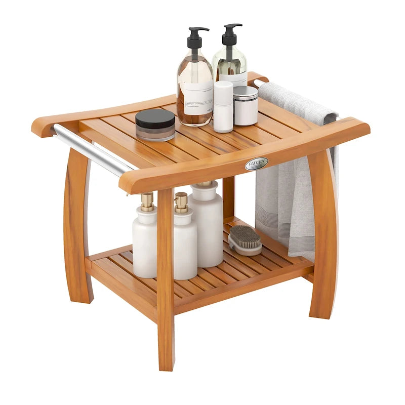 Teak Wood Shower Bench 2-Tier Wooden Shower Stool w/ Curved Seat