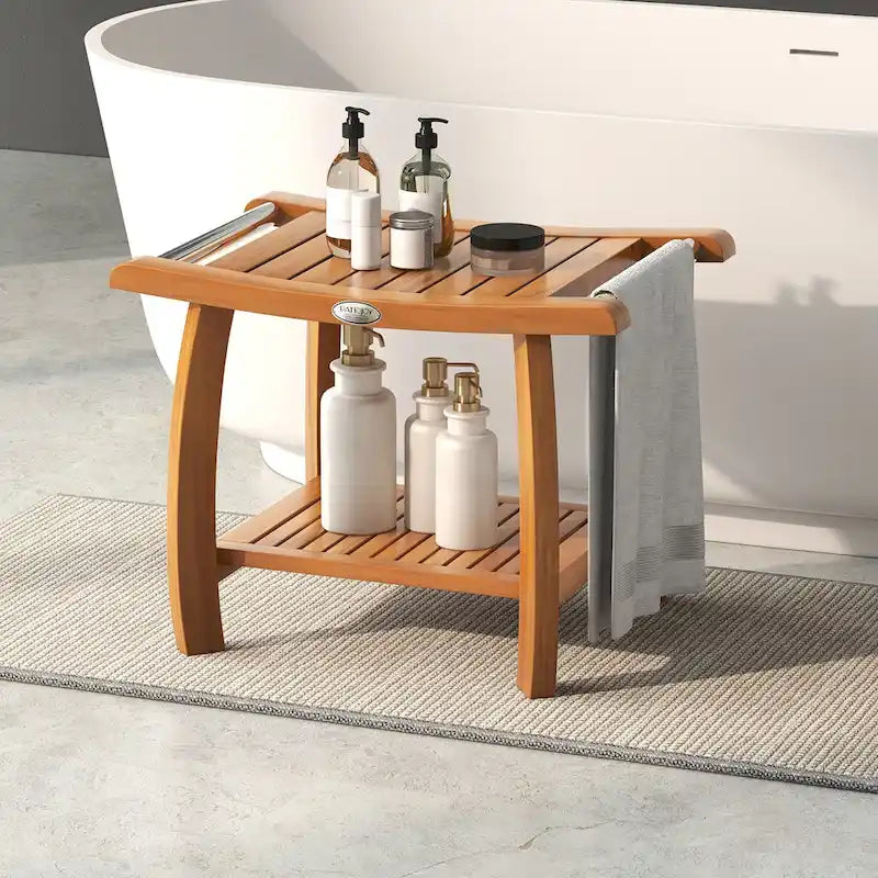 Teak Wood Shower Bench 2-Tier Wooden Shower Stool w/ Curved Seat