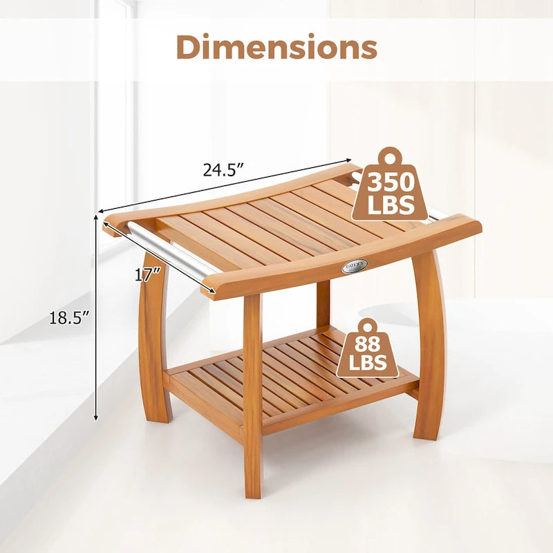 Teak Wood Shower Bench 2-Tier Wooden Shower Stool w/ Curved Seat