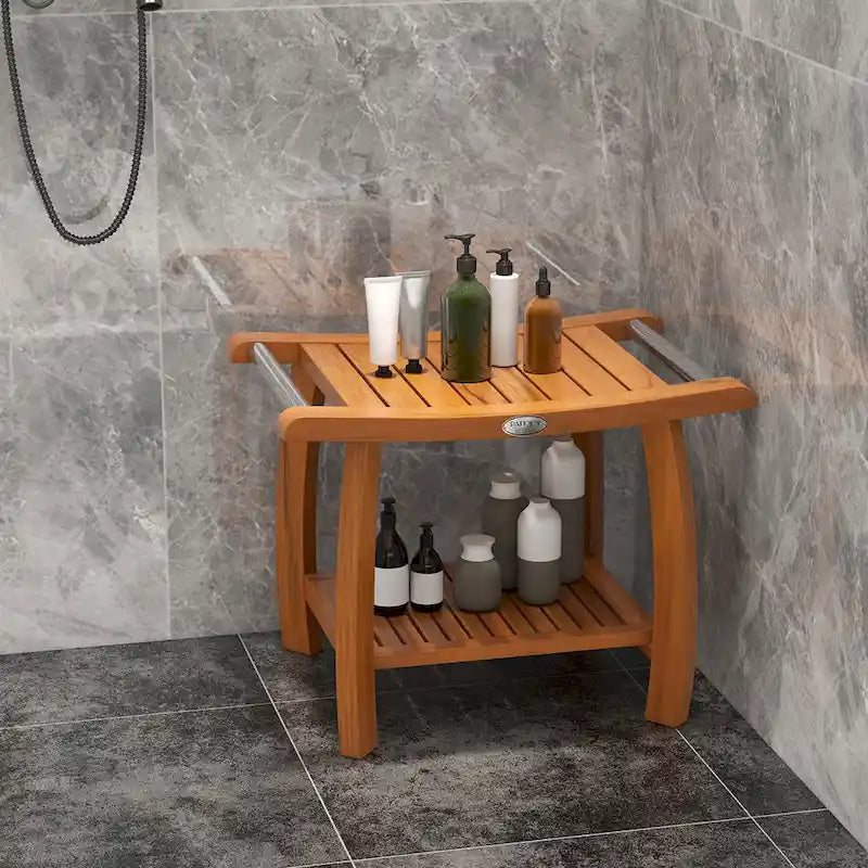 Teak Wood Shower Bench 2-Tier Wooden Shower Stool w/ Curved Seat
