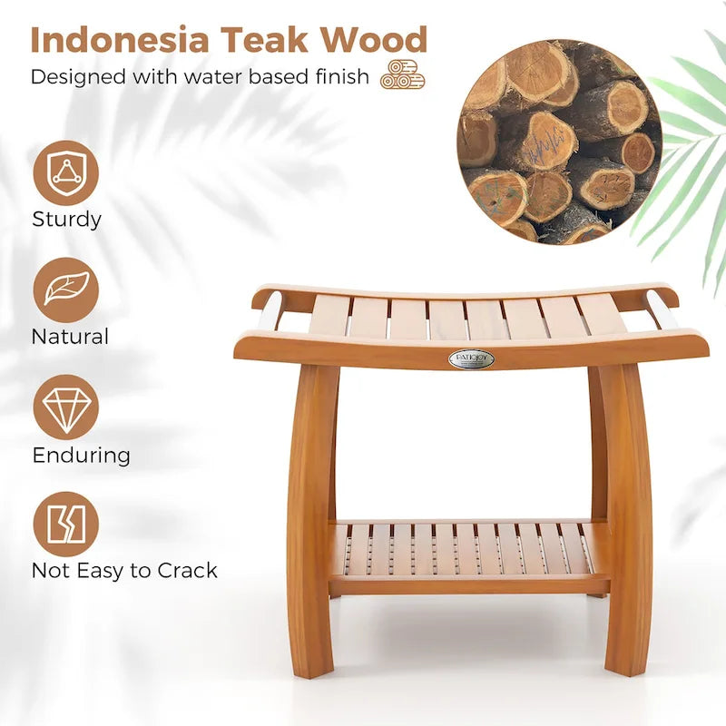 Teak Wood Shower Bench 2-Tier Wooden Shower Stool w/ Curved Seat
