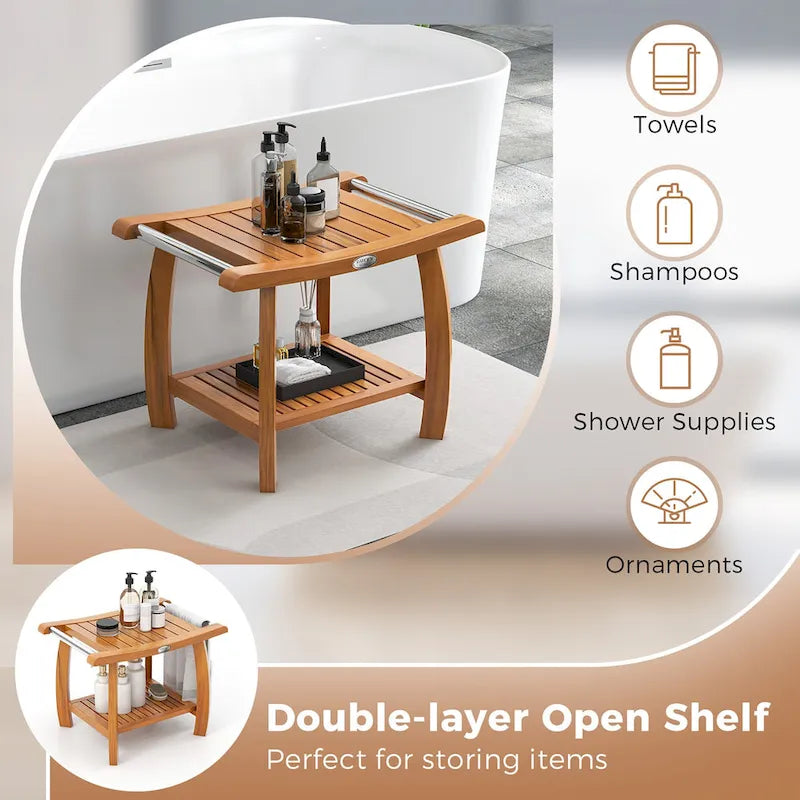 Teak Wood Shower Bench 2-Tier Wooden Shower Stool w/ Curved Seat