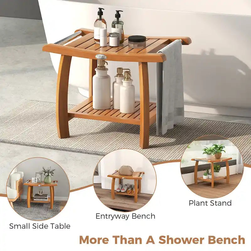 Teak Wood Shower Bench 2-Tier Wooden Shower Stool w/ Curved Seat