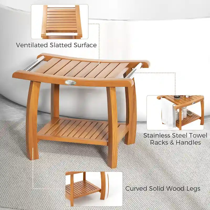 Teak Wood Shower Bench 2-Tier Wooden Shower Stool w/ Curved Seat