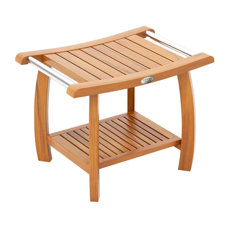 Teak Wood Shower Bench 2-Tier Wooden Shower Stool w/ Curved Seat