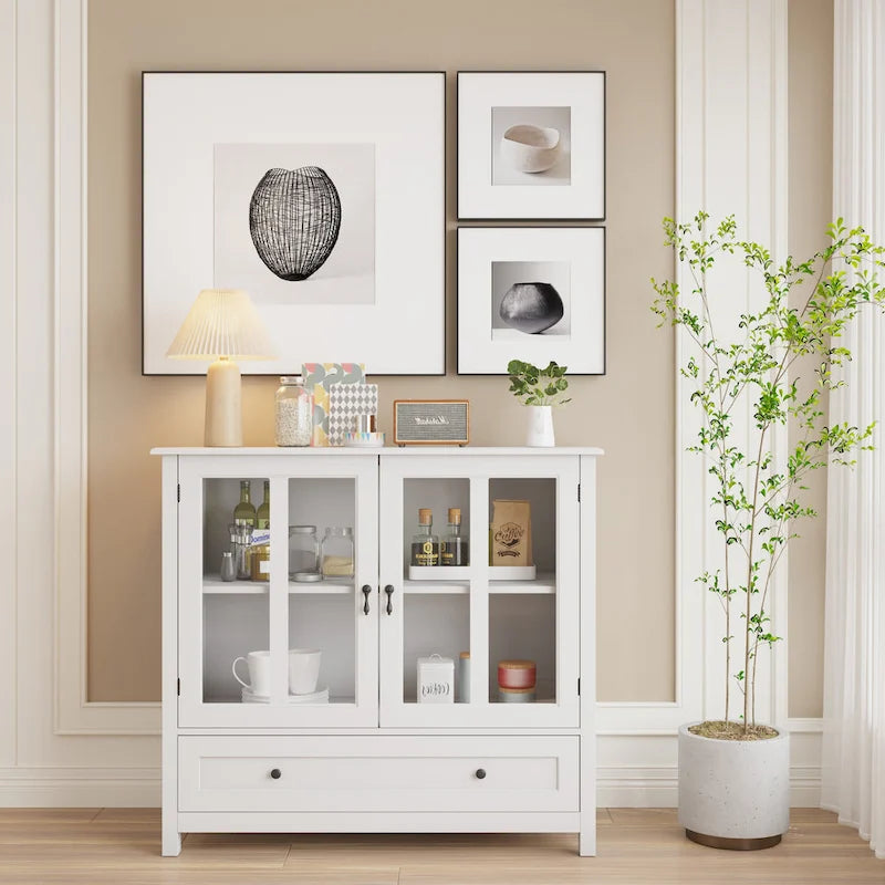 Buffet storage cabinet with glass doors and unique bell handle