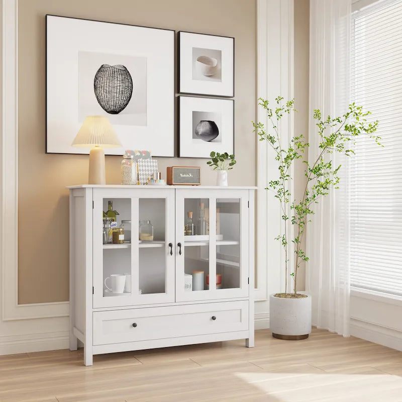 Buffet storage cabinet with glass doors and unique bell handle