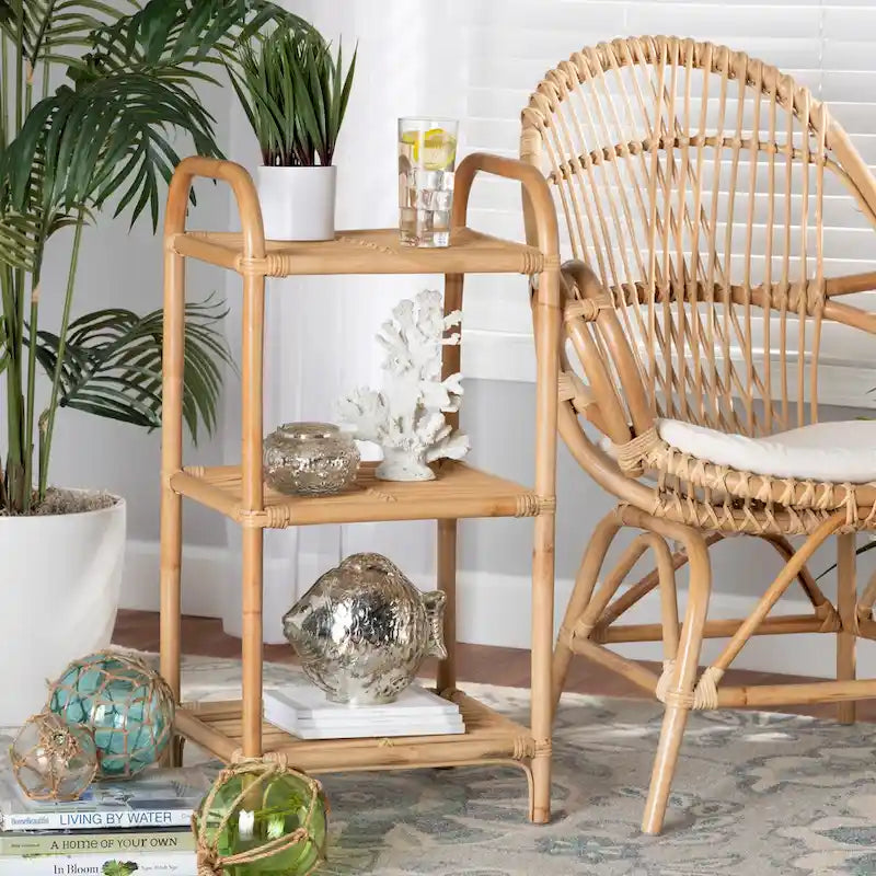 Bohemian Natural Brown Finished Rattan 3-Tier Display Shelf