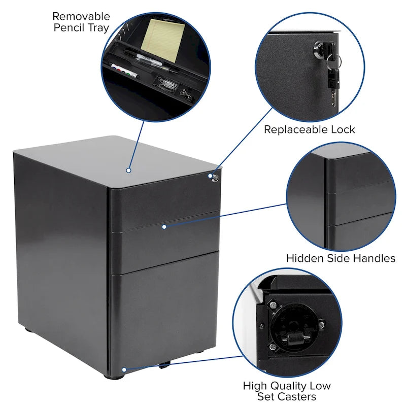 Modern 3-Drawer Mobile Locking Filing Cabinet Storage Organizer