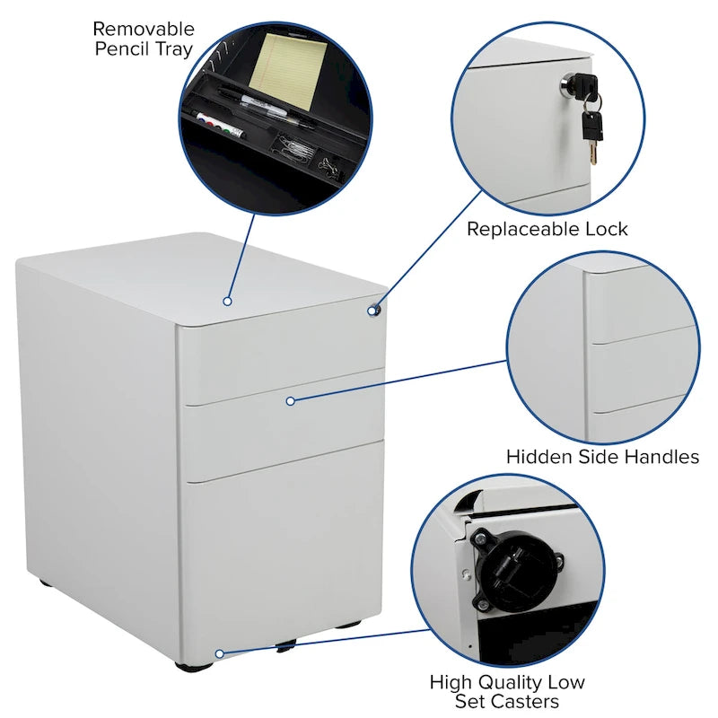 Modern 3-Drawer Mobile Locking Filing Cabinet Storage Organizer