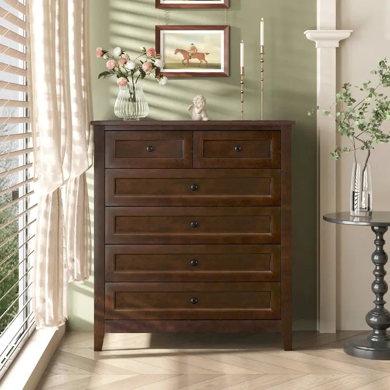 Modern 43-in Storage Solid Wood Retro Round Handle Side Cabinet with 6-Drawer
