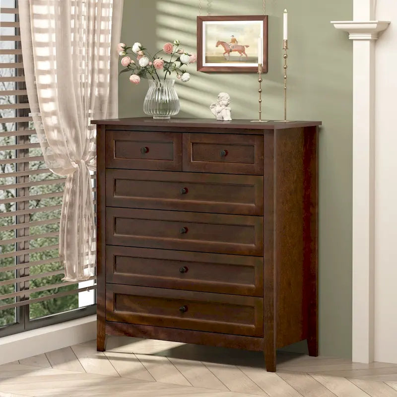 Modern 43-in Storage Solid Wood Retro Round Handle Side Cabinet with 6-Drawer