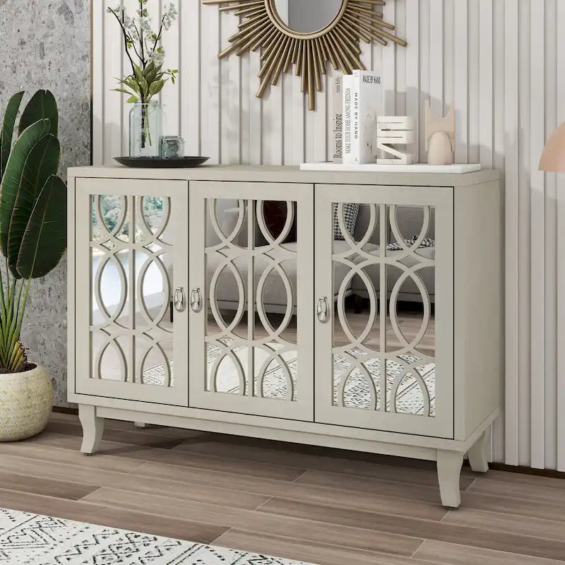 Sideboard with Glass Doors, 3 Door Mirrored Buffet Cabinet with Silver Handle