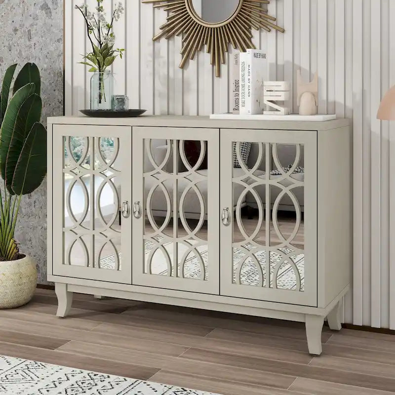 Sideboard with Glass Doors, 3 Door Mirrored Buffet Cabinet with Silver Handle