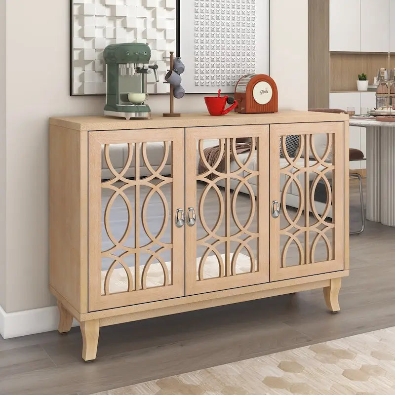 Sideboard with Glass Doors, 3 Door Mirrored Buffet Cabinet with Silver Handle