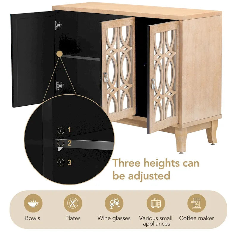 Sideboard with Glass Doors, 3 Door Mirrored Buffet Cabinet with Silver Handle