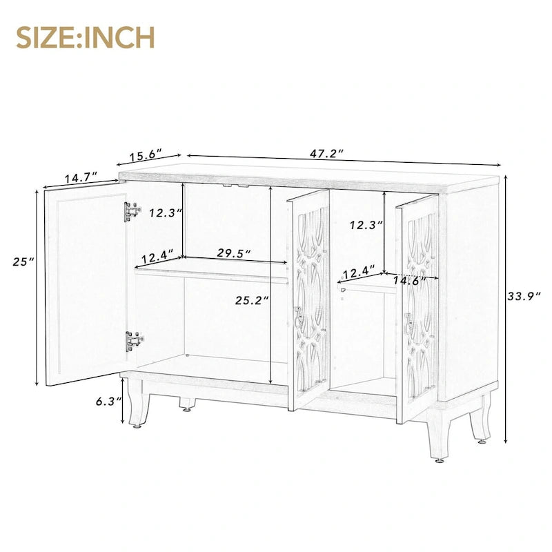 Sideboard with Glass Doors, 3 Door Mirrored Buffet Cabinet with Silver Handle