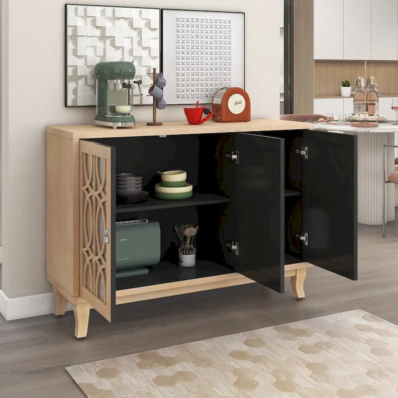 Sideboard with Glass Doors, 3 Door Mirrored Buffet Cabinet with Silver Handle