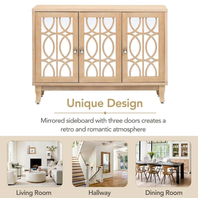 Sideboard with Glass Doors, 3 Door Mirrored Buffet Cabinet with Silver Handle