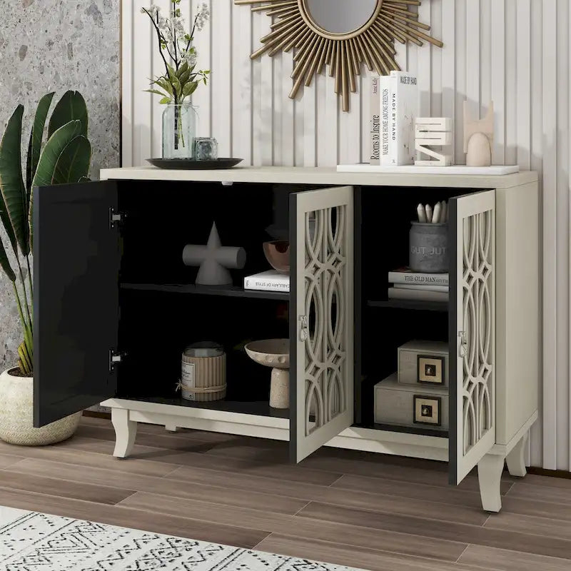 Sideboard with Glass Doors, 3 Door Mirrored Buffet Cabinet with Silver Handle