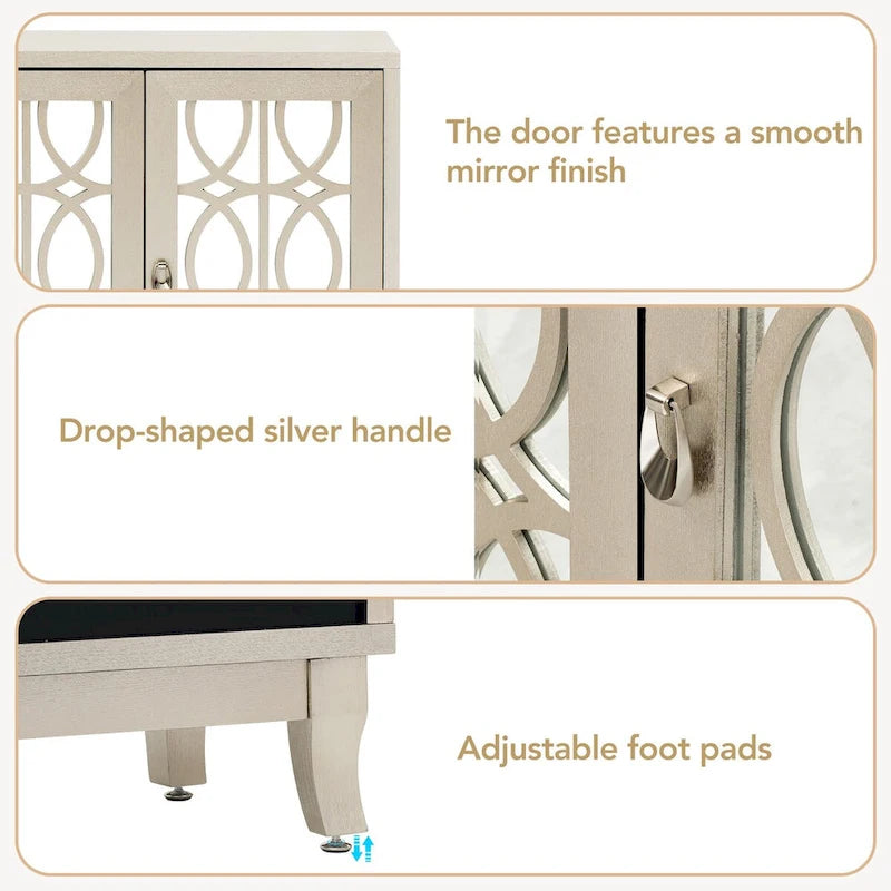 Sideboard with Glass Doors, 3 Door Mirrored Buffet Cabinet with Silver Handle