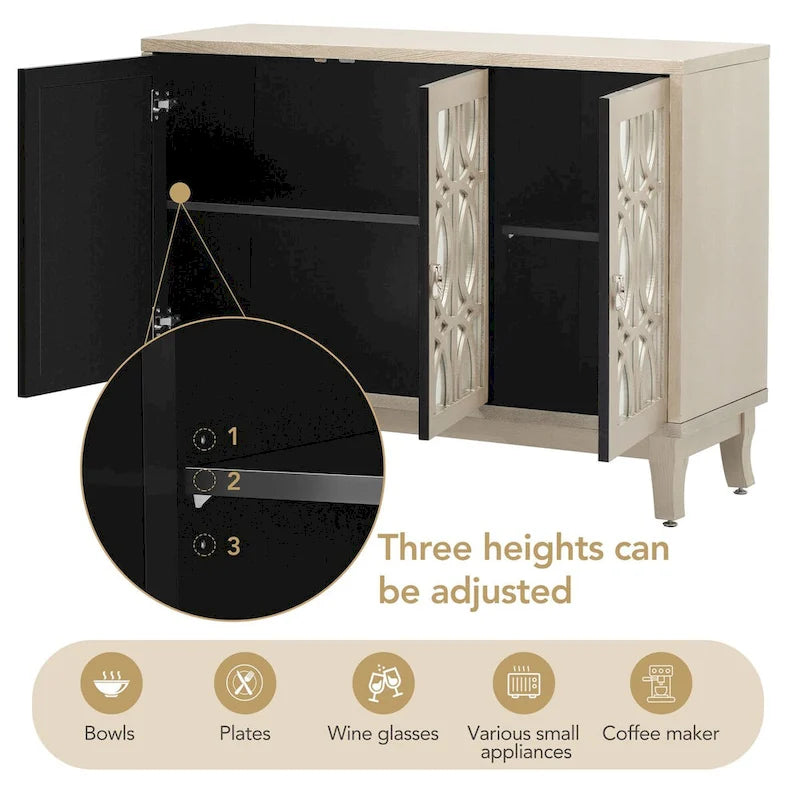 Sideboard with Glass Doors, 3 Door Mirrored Buffet Cabinet with Silver Handle