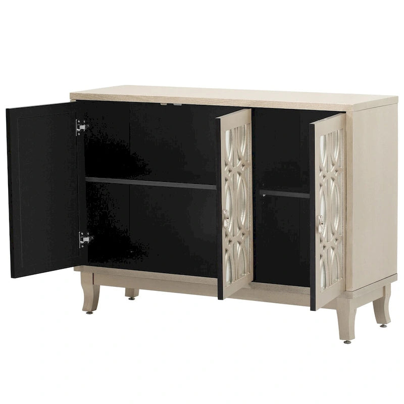 Sideboard with Glass Doors, 3 Door Mirrored Buffet Cabinet with Silver Handle