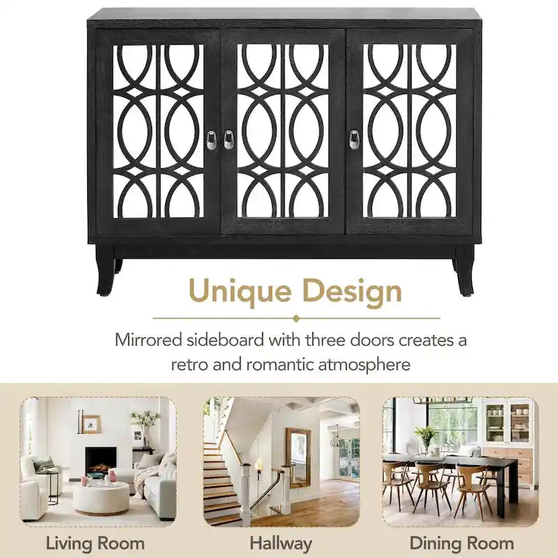 Sideboard with Glass Doors, 3 Door Mirrored Buffet Cabinet with Silver Handle