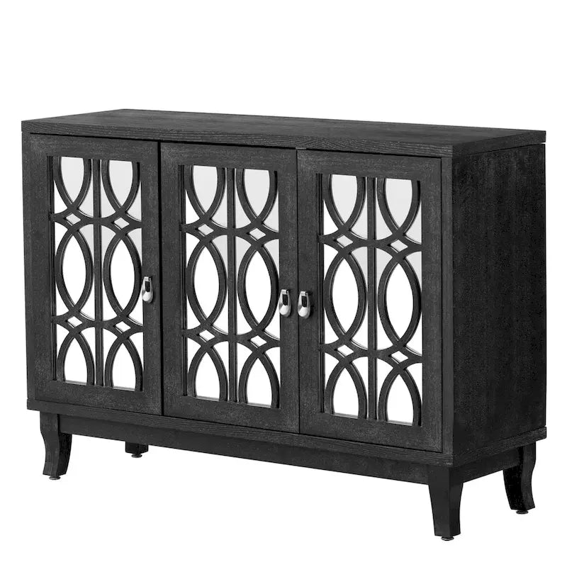 Sideboard with Glass Doors, 3 Door Mirrored Buffet Cabinet with Silver Handle