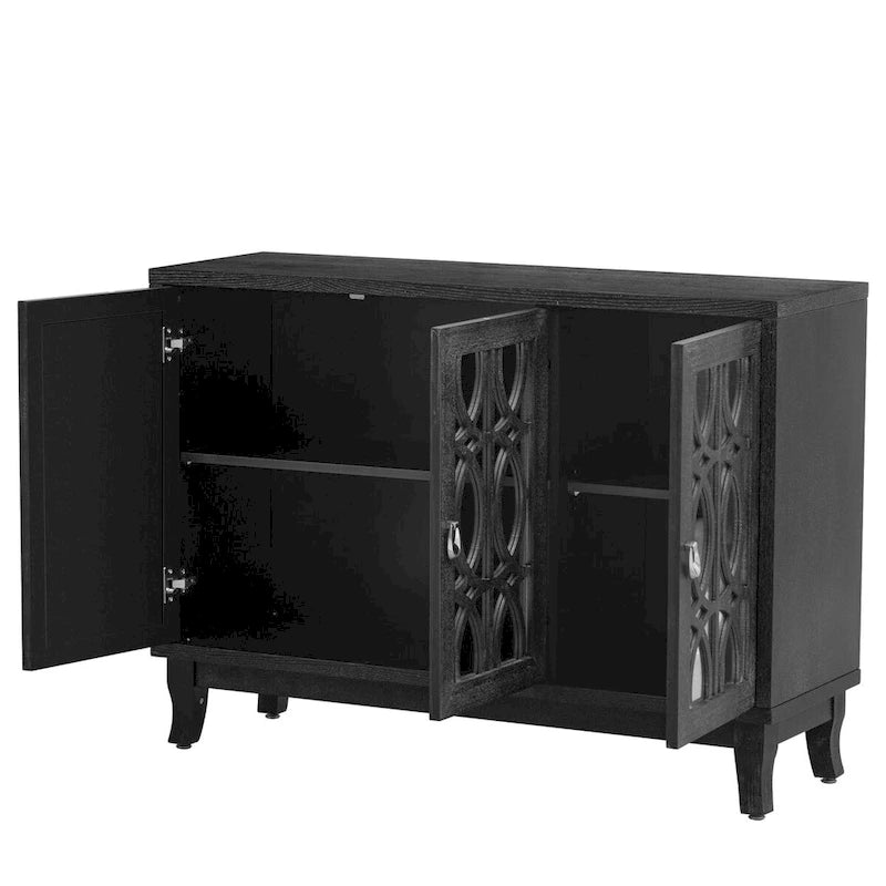 Sideboard with Glass Doors, 3 Door Mirrored Buffet Cabinet with Silver Handle