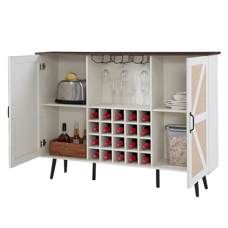 Rustic Wood Storage Cabinet with Wine Rack and Wine Glass Rack