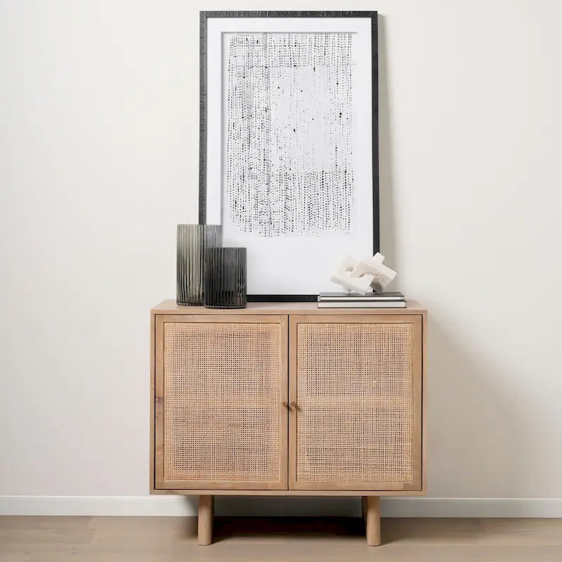 Light Brown Solid Wood Accent Cabinet with Cane Doors