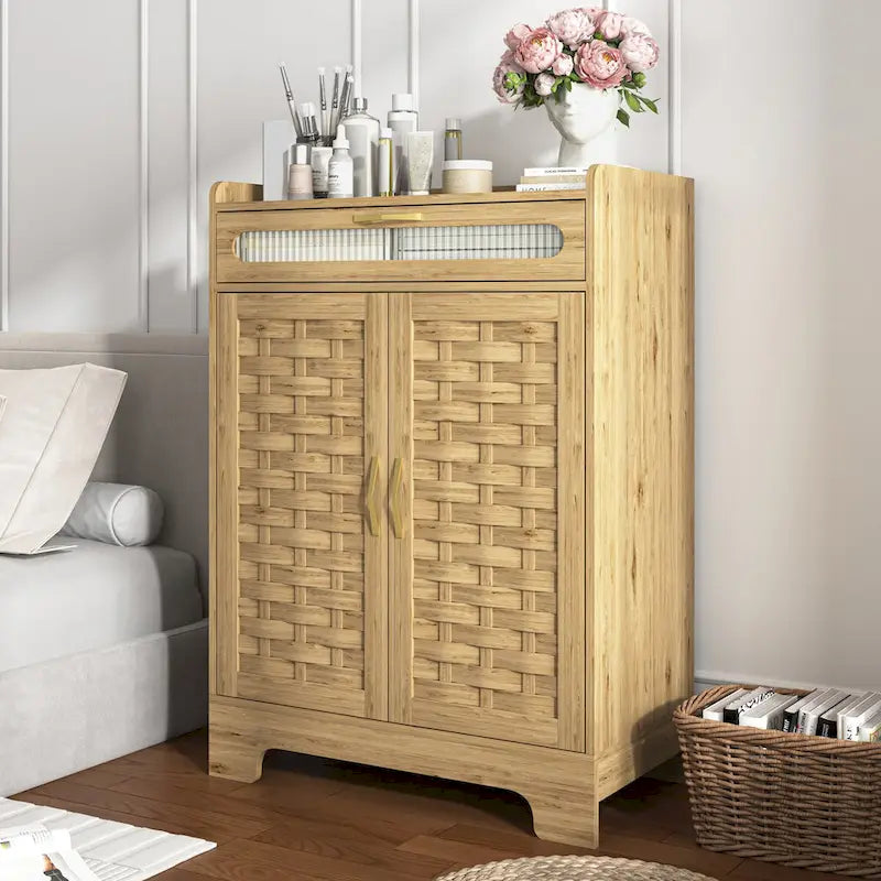 Coffee Bar Cabinet, Modern Farmhouse Buffet Sideboard with Drawer and Adjustable Shelf, Barn Door Storage Cabinet