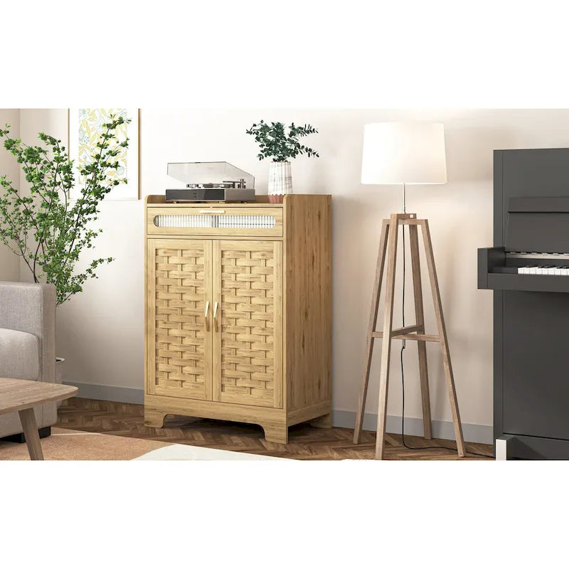 Coffee Bar Cabinet, Modern Farmhouse Buffet Sideboard with Drawer and Adjustable Shelf, Barn Door Storage Cabinet