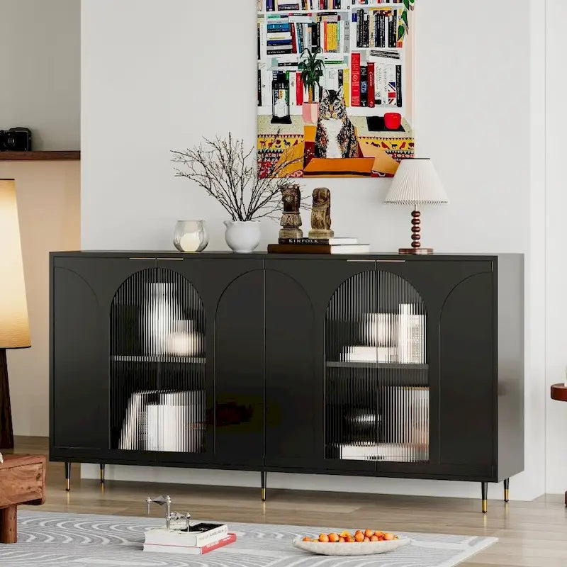 Accent Cabinet Lacquered Wooden Cabinet with 4 Glass Doors Sideboard Buffet Server Cabinet Storage Cabinet