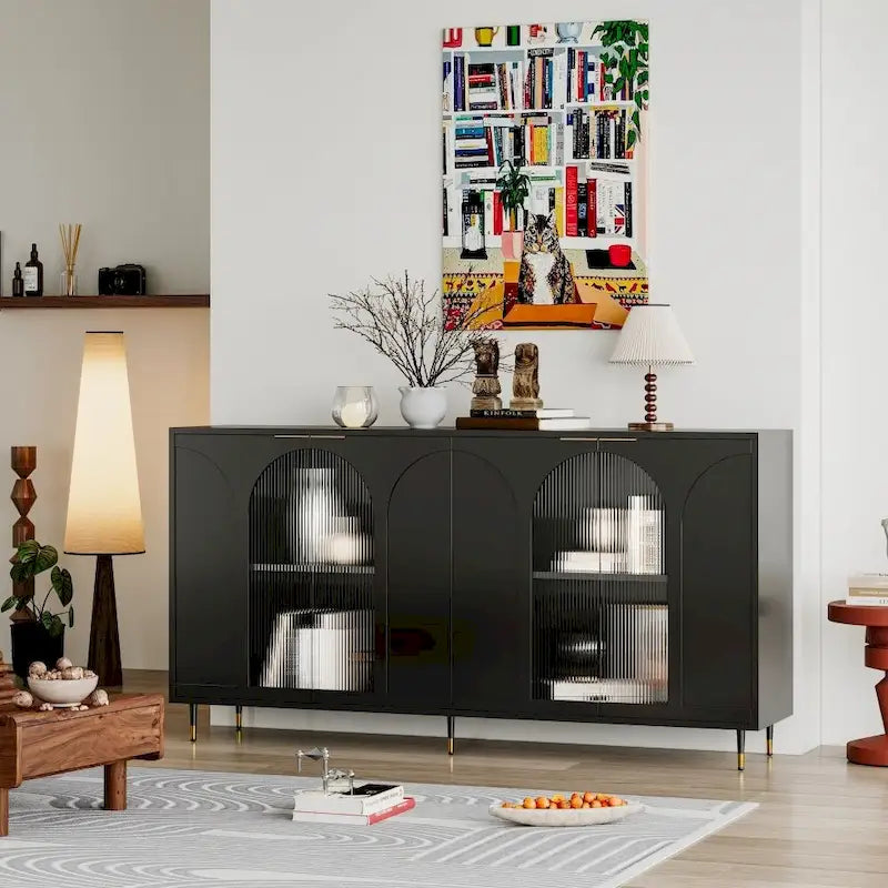 Accent Cabinet Lacquered Wooden Cabinet with 4 Glass Doors Sideboard Buffet Server Cabinet Storage Cabinet