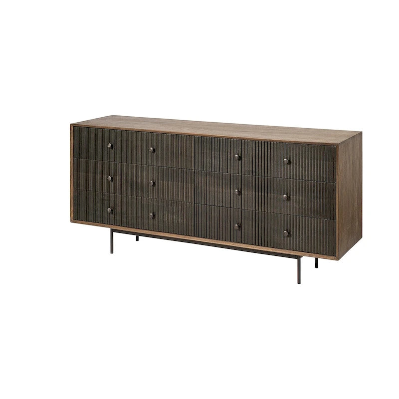Two-Tone Brown Solid Wood 6 Drawer Sideboard - 70.0L x 18.0W x 31.0H