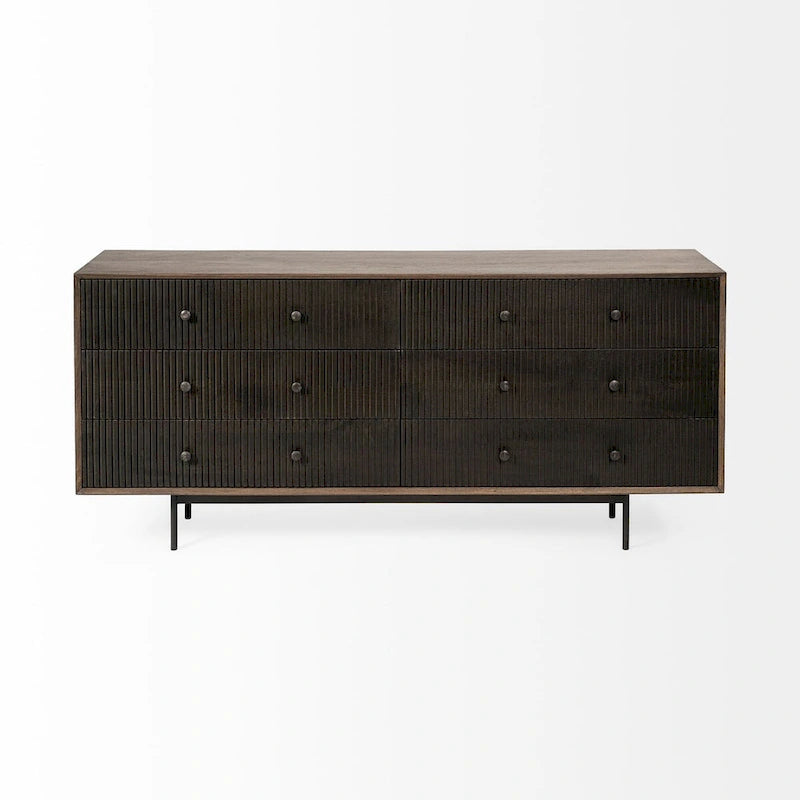 Two-Tone Brown Solid Wood 6 Drawer Sideboard - 70.0L x 18.0W x 31.0H