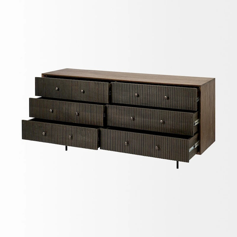 Two-Tone Brown Solid Wood 6 Drawer Sideboard - 70.0L x 18.0W x 31.0H