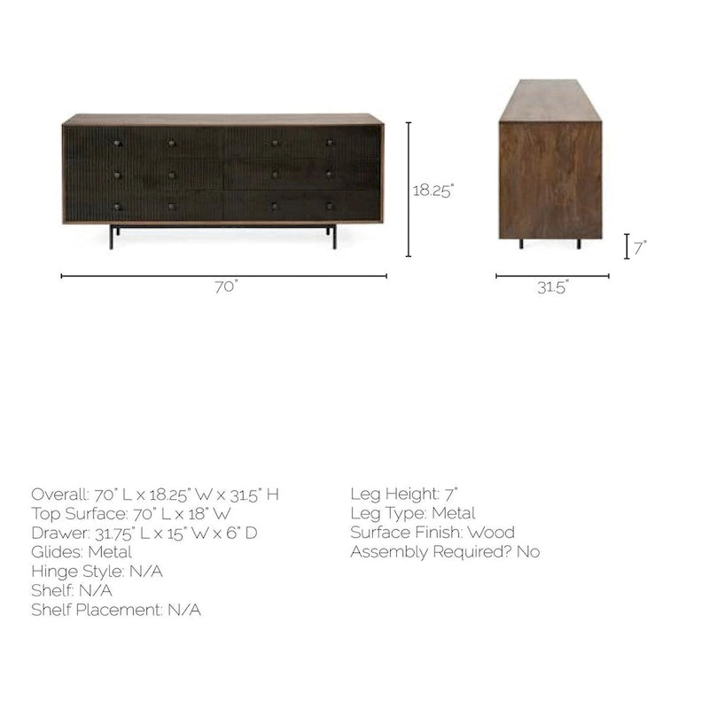 Two-Tone Brown Solid Wood 6 Drawer Sideboard - 70.0L x 18.0W x 31.0H