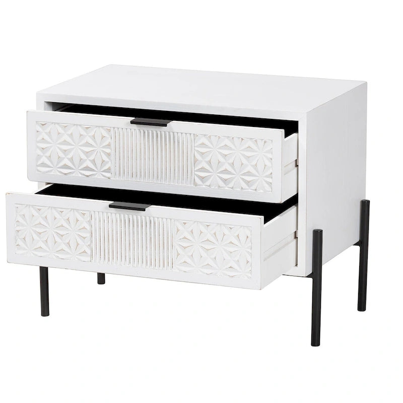 Merryn Mid-Century Transitional Distressed White Finished Wood and Black Metal 2-Drawer Storage Cabinet