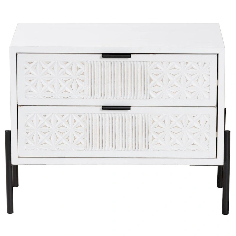 Merryn Mid-Century Transitional Distressed White Finished Wood and Black Metal 2-Drawer Storage Cabinet