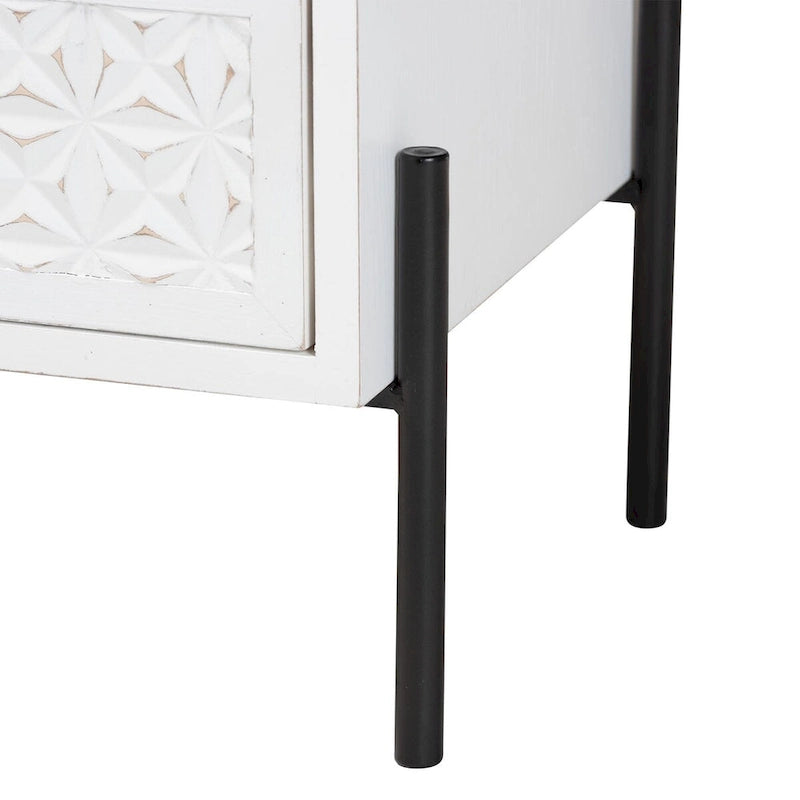 Merryn Mid-Century Transitional Distressed White Finished Wood and Black Metal 2-Drawer Storage Cabinet