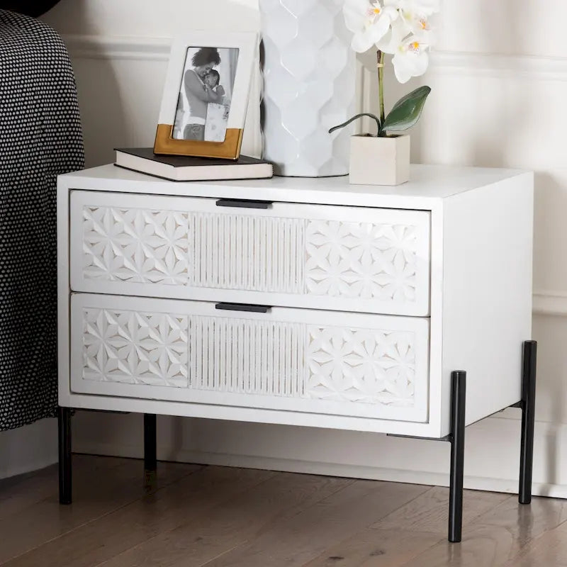 Merryn Mid-Century Transitional Distressed White Finished Wood and Black Metal 2-Drawer Storage Cabinet