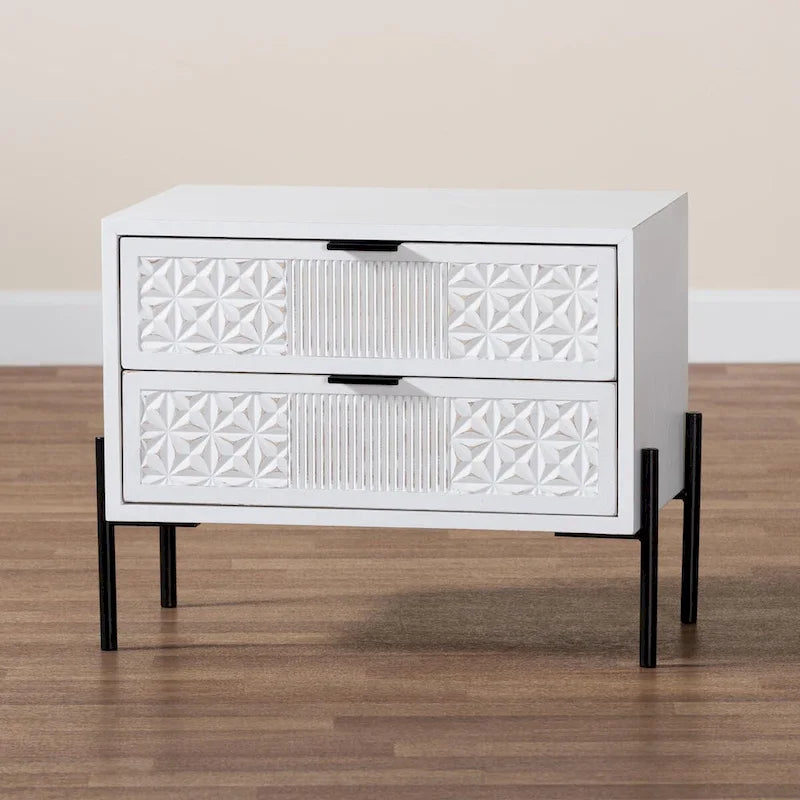 Merryn Mid-Century Transitional Distressed White Finished Wood and Black Metal 2-Drawer Storage Cabinet