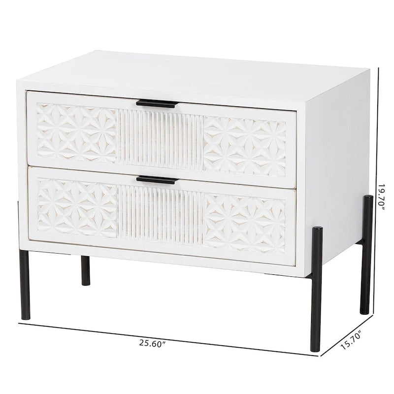 Merryn Mid-Century Transitional Distressed White Finished Wood and Black Metal 2-Drawer Storage Cabinet