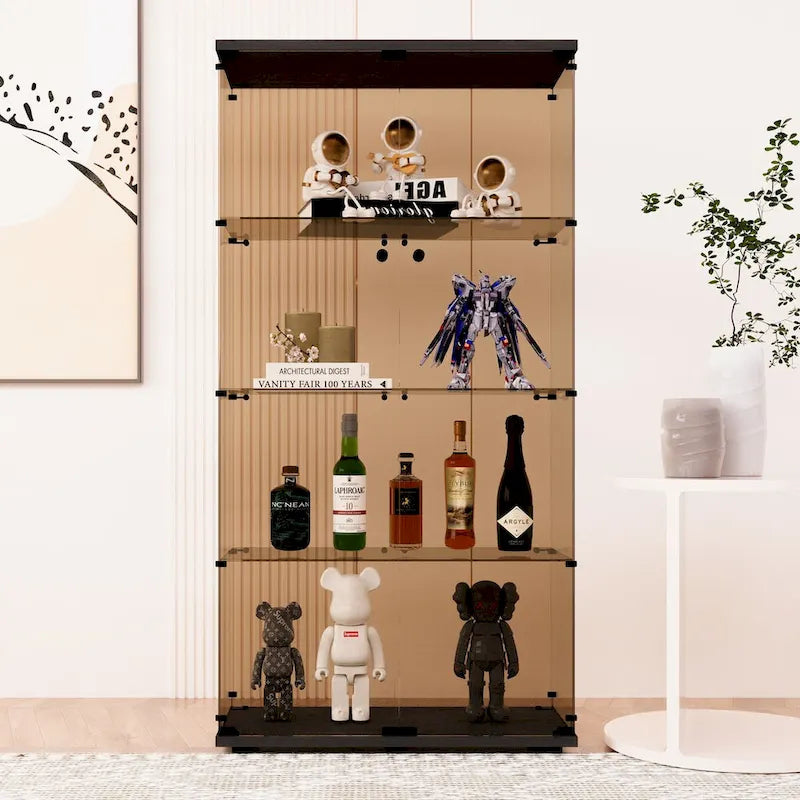 Two-door Glass Display Cabinet 4 Shelves with Door, Floor Standing Curio Bookshelf ,64.7*31.7*14.3,Black