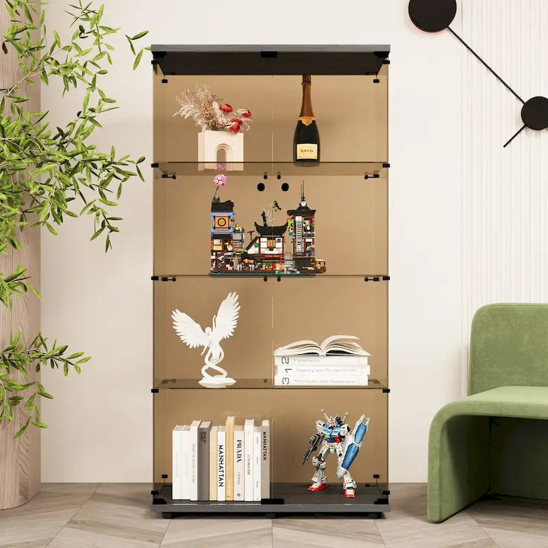 Two-door Glass Display Cabinet 4 Shelves with Door, Floor Standing Curio Bookshelf ,64.7*31.7*14.3,Black
