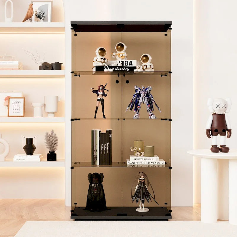 Two-door Glass Display Cabinet 4 Shelves with Door, Floor Standing Curio Bookshelf ,64.7*31.7*14.3,Black